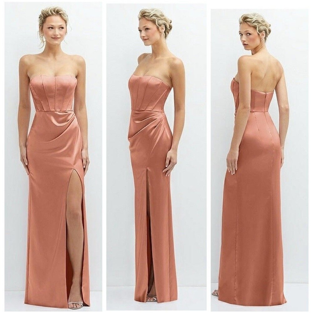 Dessy After Six Strapless Topstitched Corset Satin Maxi Dress Copper Penn Size 6